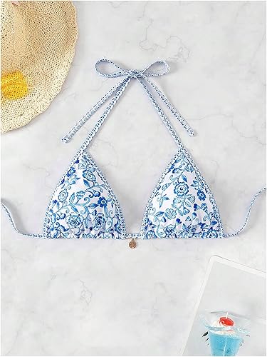 Verdusa Floral Triangle Bikini Top – Halter Tie Back Swimwear Top
