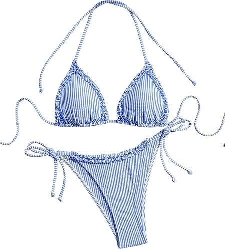 Verdusa Striped Halter Triangle Bikini Set – Cute Cheeky 2 Piece Swimwear